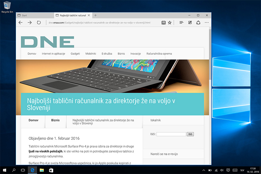 Način prenosnika: v ozadju tipično Windows 10 namizje, v ospredju brskalnik Microsoft Edge.