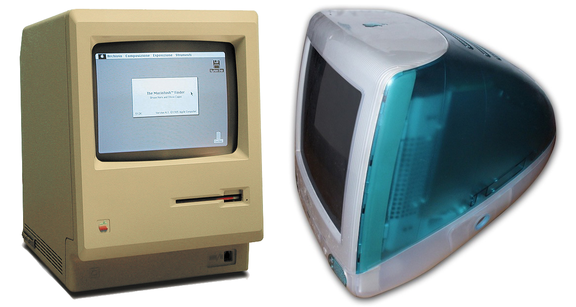 Macintosh na levi tik preden je Jobs zapustil Apple in iMac G3 na desni, s katerim je Jobs Applu povrnil sloves in finančno stabilnost.