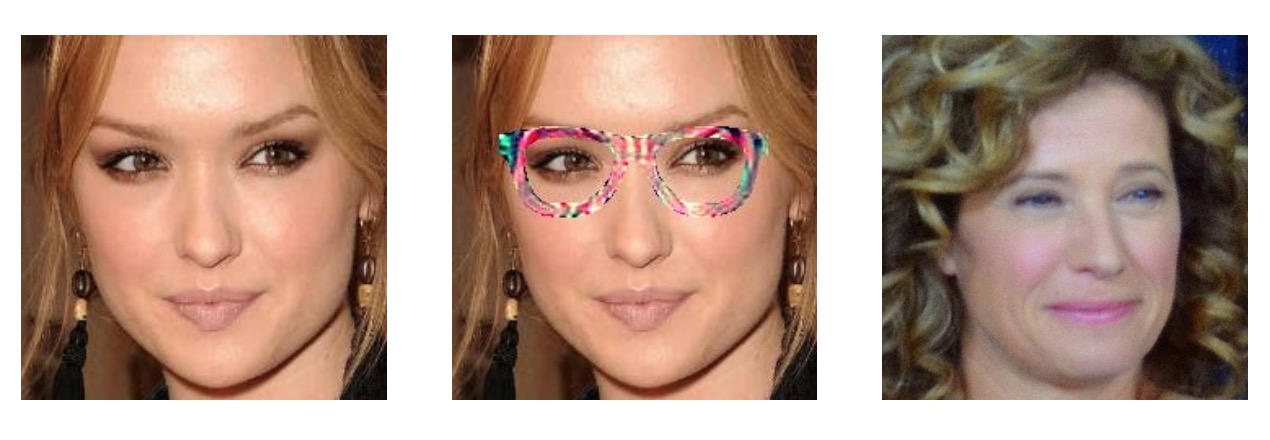 Igralki Kaylee Defer na levi fotografiji dodamo očala z generiranim vzorcem iz desne slike in sistem zameša ta dva obraza. Sredinsko fotografijo sistem ne zazna kot Kaylee, ampak kot igralko Nancy Travis na desni fotografiji.