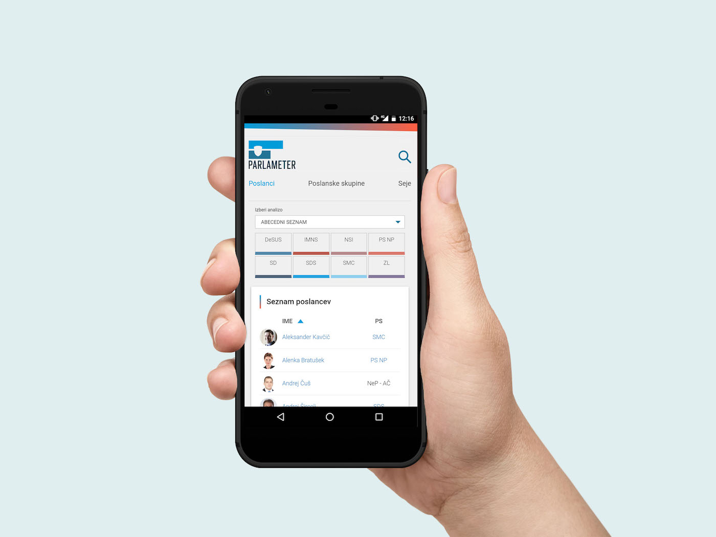 Mobilni prikaz platforme Parlameter.