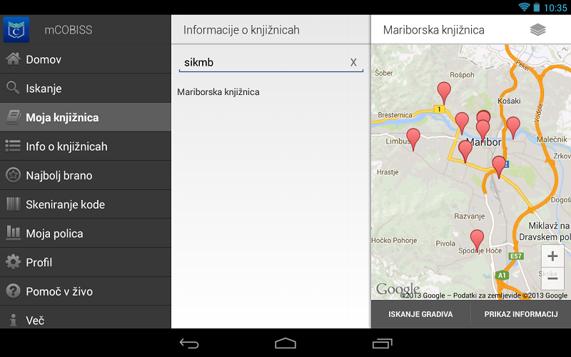 mCOBISS vam nudi podatke o vseh knjižnicah. Vir: Google Play