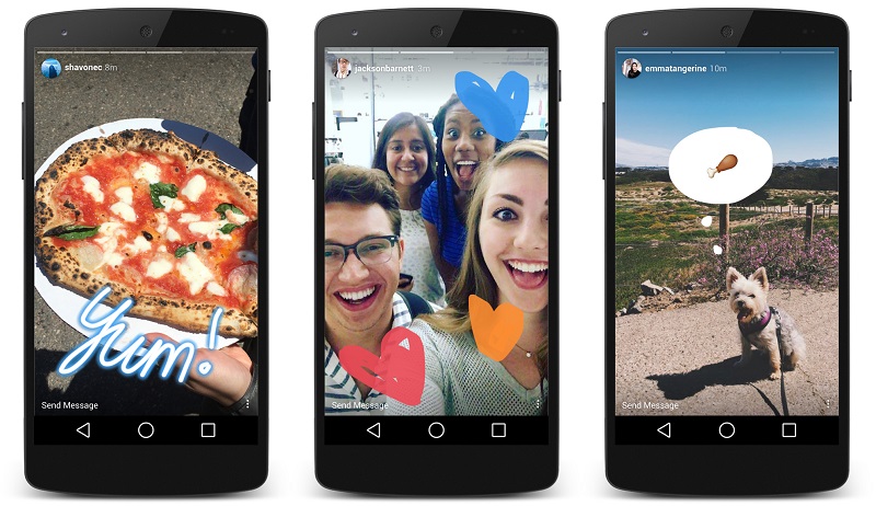 Snapchat je ljudi prevzel z obilico filtrov in mask, ki so si jih ljudje virtualno poveznili čez obraz, Instagram pa uporabnike zabava z nalepkami. Vir: TechCrunch