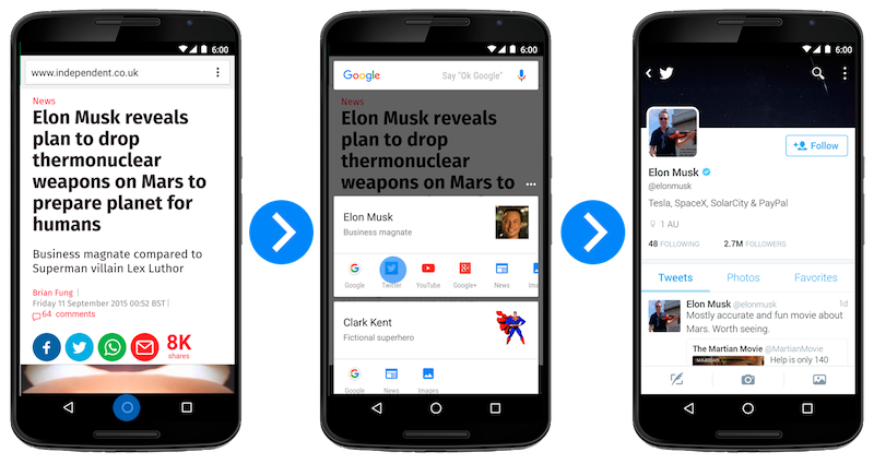 Google Now on Tap je bil predstavljen z Android verzijo 6.0, uporabniku pa ob daljšem pritisku na gumb za domov prikaže več možnosti za iskanje informacij o pojmih, ki so trenutno na zaslonu. Vir: Search