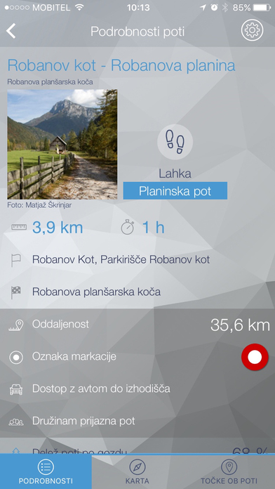 Poti imajo informacije o razdalji, povprečnem trajanju, tipu poti... 